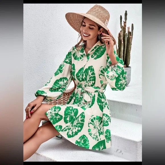 NWOT SHEIN Tropical Print Lantern Sleeve Belted Shirt Dress - Picture 11 of 11